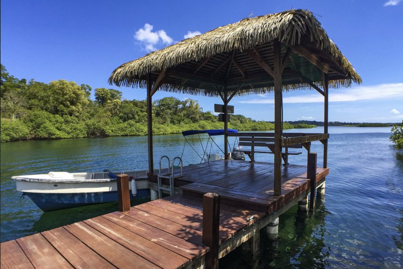Private dock with thatched boat house